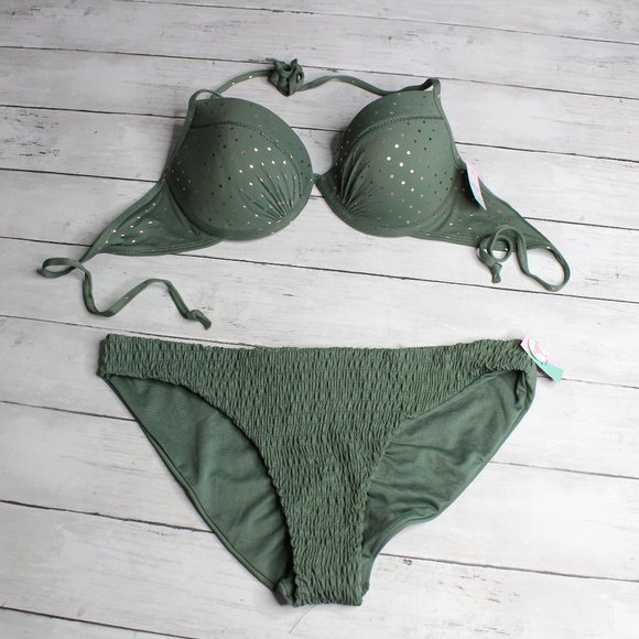 Ardene Swim Women's Bikini Swimsuit Top Bottoms L Padded Bra Green Dot - Picture 1 of 9